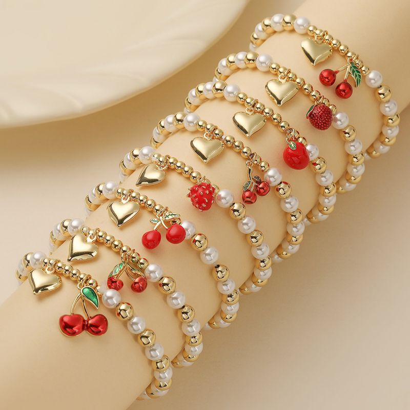 Pulsera De Cereza Con Corazón De Cuentas De Perla Dorada Y Bañada En Cobre