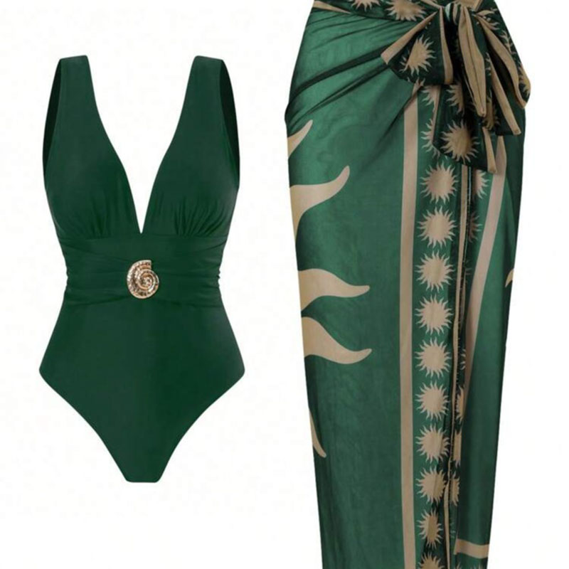 Green Nylon V-neck Swimsuit With Knotted Beach Dress Set