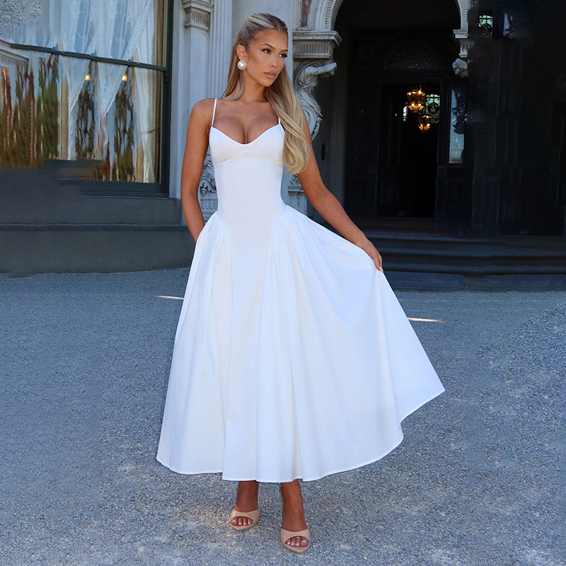 White Polyester V-neck Suspender Dress