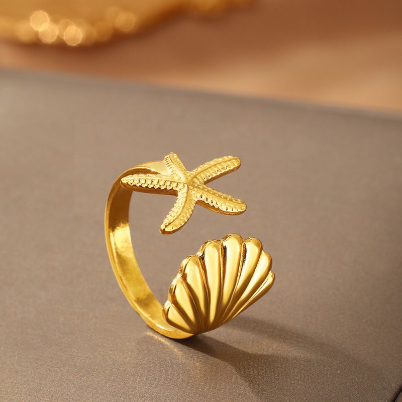Silver Stainless Steel Starfish Shell Ring