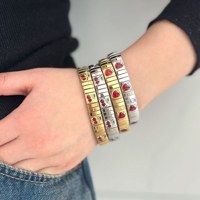 Cherry Strawberry (golden) Stainless Steel Cherry Strawberry Stretch Bracelet