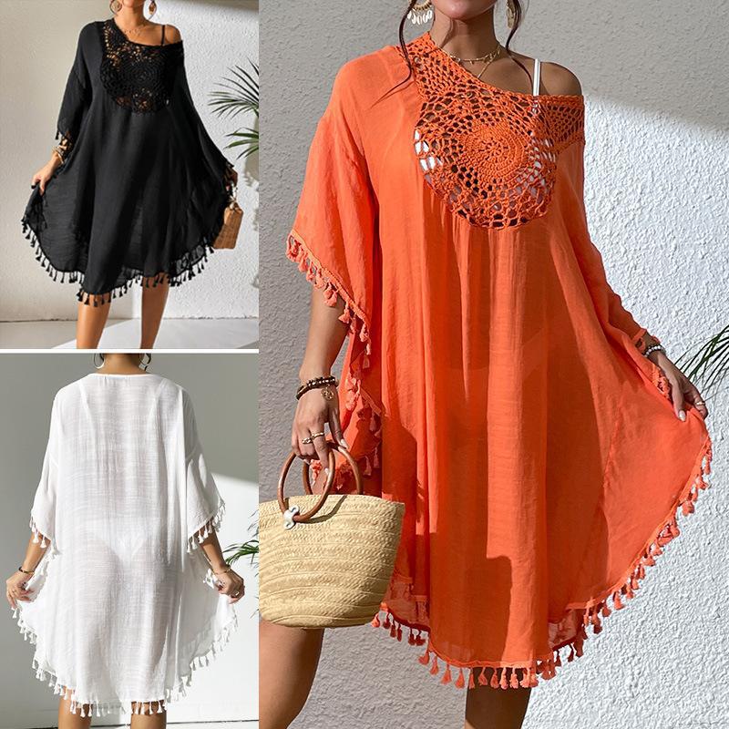 White 2 Polyester Hand-crocheted Hollow Tassel Sun Protection Shirt