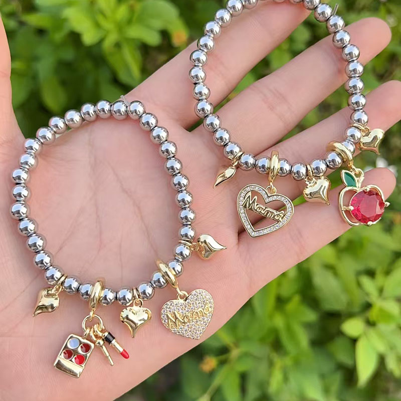 Steel Color 1 Copper Gold-plated Beaded Diamond Heart Multi-element Bracelet