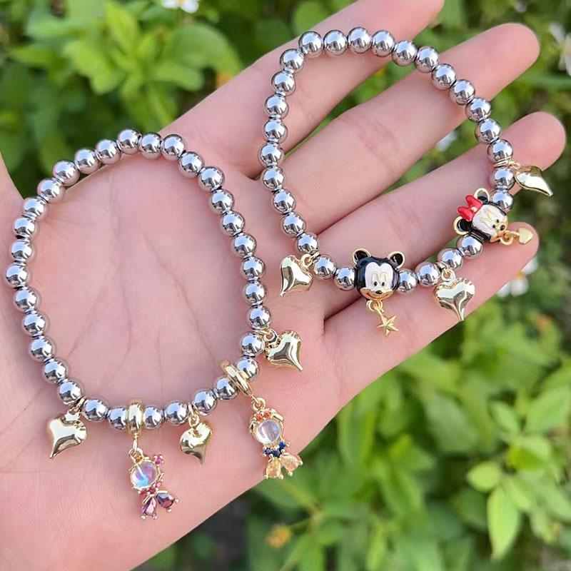 Steel Color 1 Copper Gold-plated Beaded Diamond Heart Multi-element Bracelet