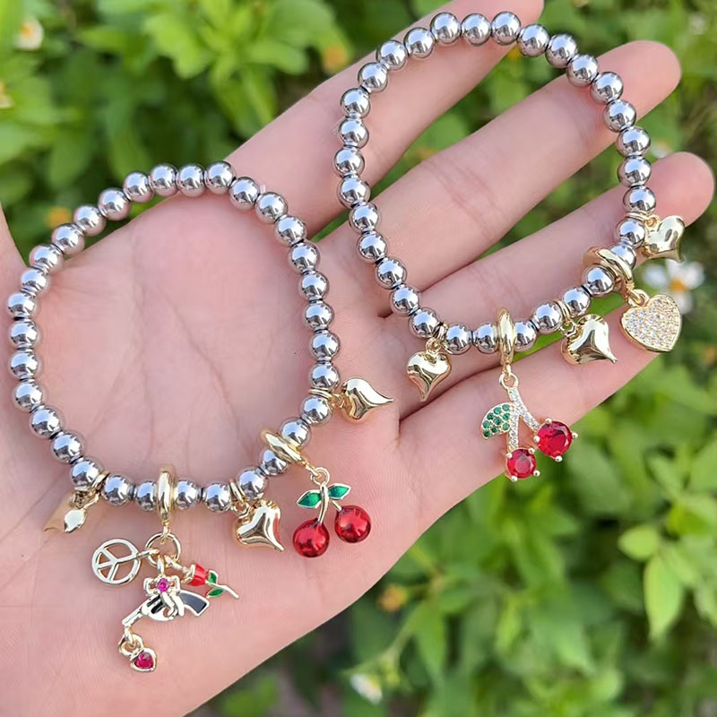 Steel Color 1 Copper Gold-plated Beaded Diamond Heart Multi-element Bracelet