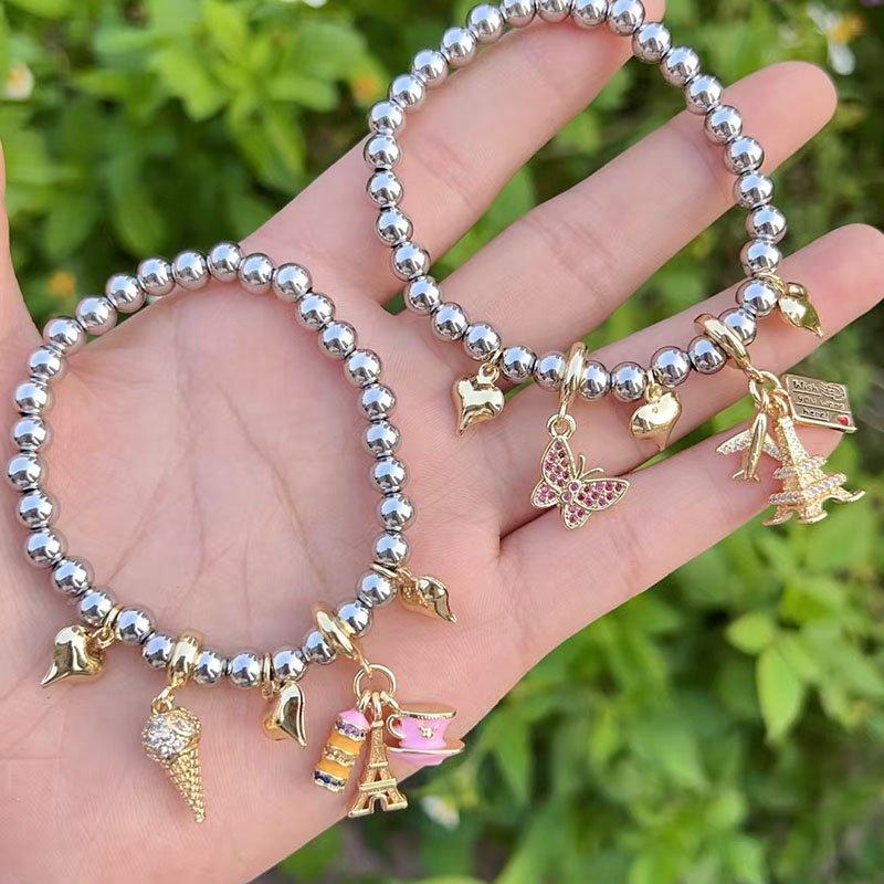 Steel Color 2 Copper Gold-plated Beaded Diamond Heart Multi-element Bracelet