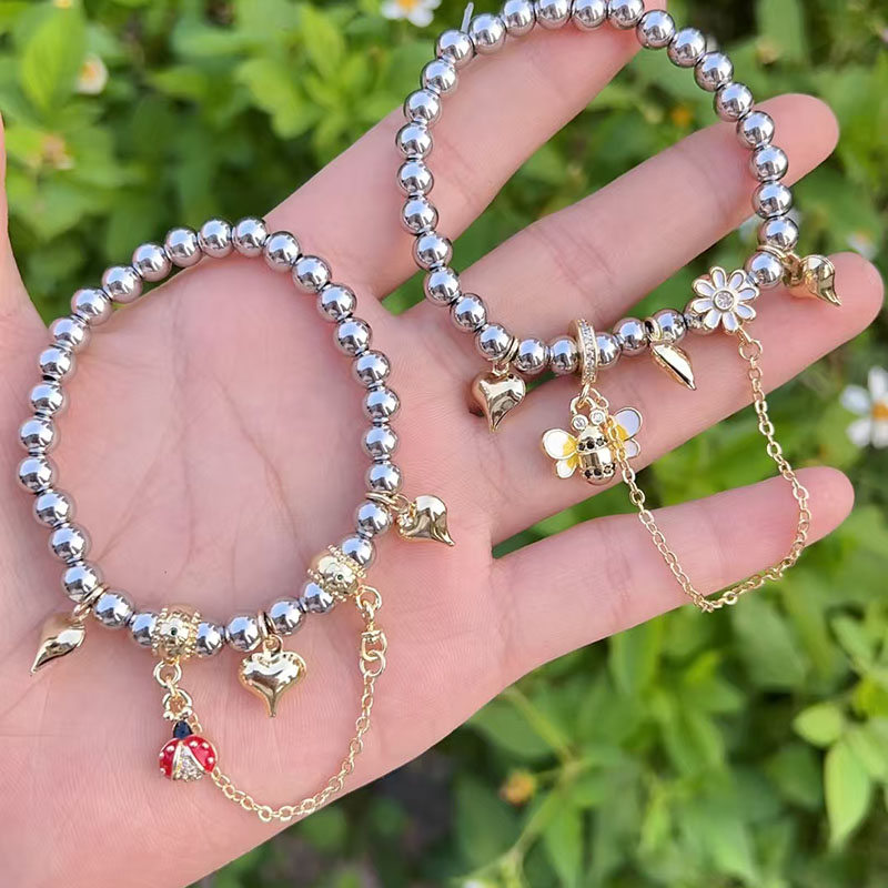 Steel Color 1 Copper Gold-plated Beaded Diamond Heart Multi-element Bracelet
