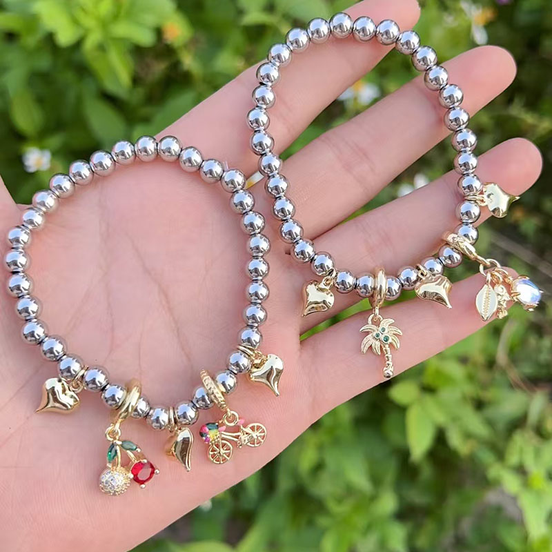 Steel Color 1 Copper Gold-plated Beaded Diamond Heart Multi-element Bracelet