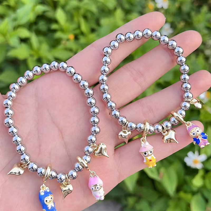 Steel Color 1 Copper Gold-plated Beaded Diamond Heart Multi-element Bracelet