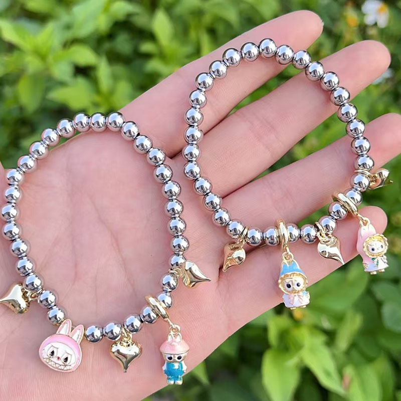 Steel Color 2 Copper Gold-plated Beaded Diamond Heart Multi-element Bracelet