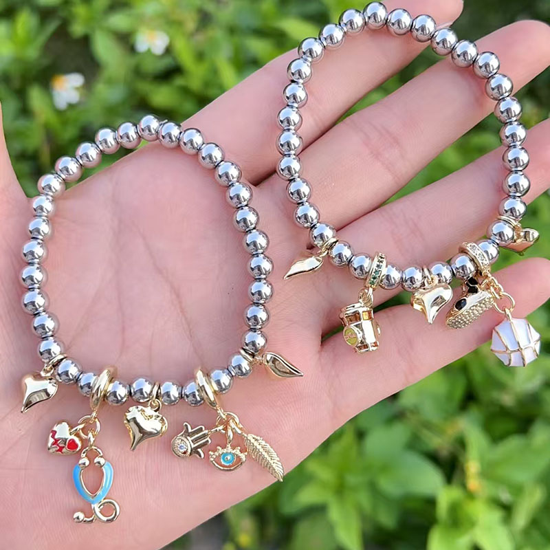 Pulsera Con Forma De Taza De Bebida De Palma Con Ojos De Corazón Y Cuentas Bañadas En Oro Y Cobre