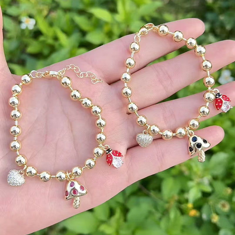 Pulsera De Corazón De Hongo Con Cuentas Bañadas En Oro Y Cobre