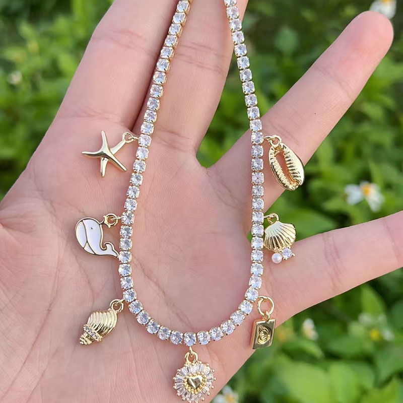 Collar Con Colgante De Corazón De Concha De Estrella De Mar Con Diamantes Bañado En Oro Y Cobre