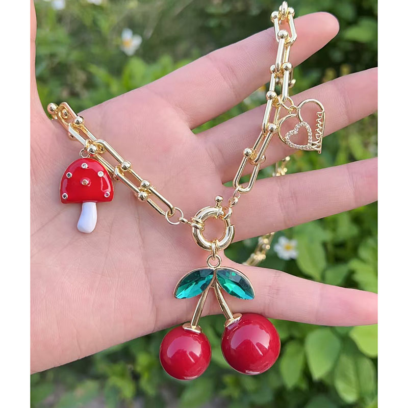 Collar Con Forma De Corazón De Cereza Y Hongo Bañado En Oro Y Cobre