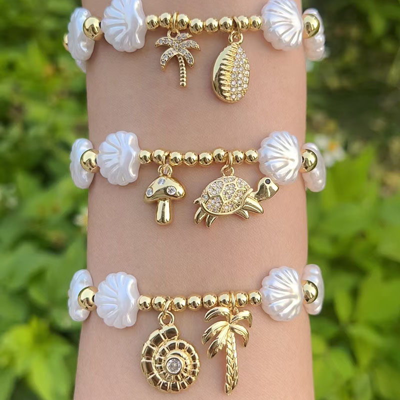 Pulsera De Coco Con Forma De Tortuga Hongo Y Diamantes Con Cuentas De Concha Bañadas En Oro Y Cobre
