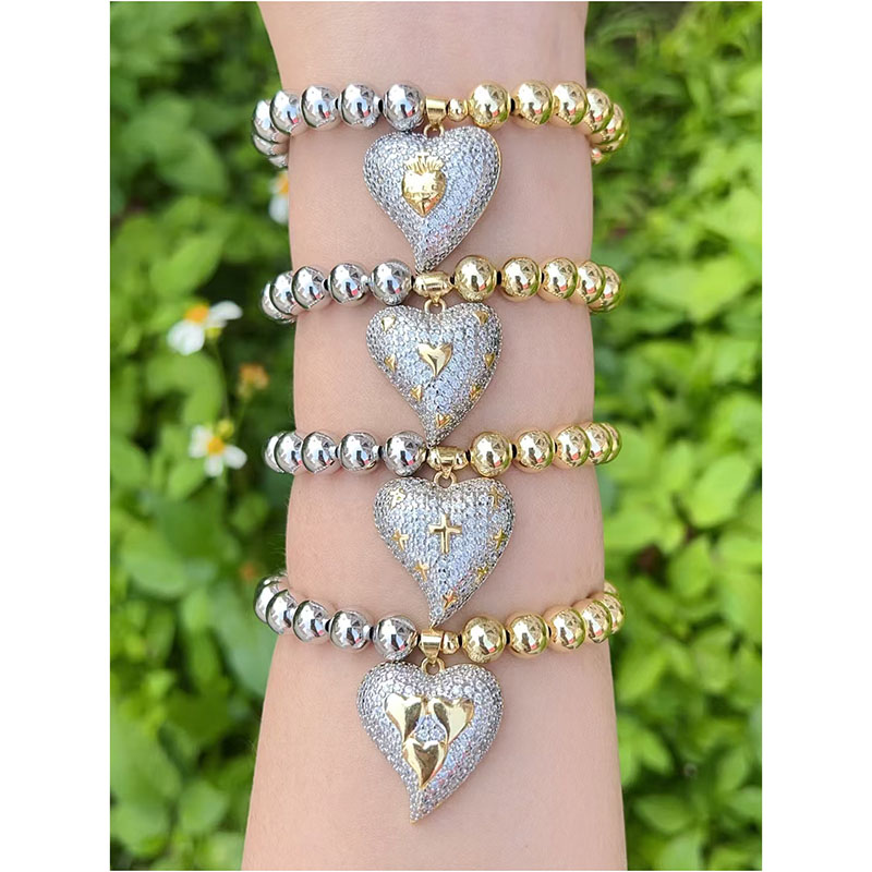 Pulsera De Corazón De Diamantes Con Cuentas Bañadas En Oro Y Cobre