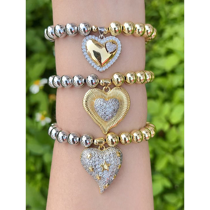 Pulsera De Corazón De Diamantes Con Cuentas Bañadas En Oro Y Cobre