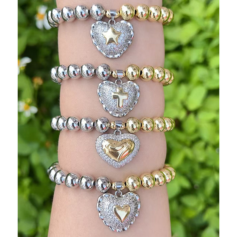 Pulsera De Corazón De Diamantes Con Cuentas Bañadas En Oro Y Cobre