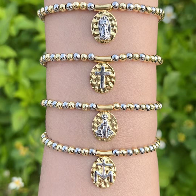 Pulsera Con Cruz Y Madonna De Cuentas A Juego En Color Cobre Dorado