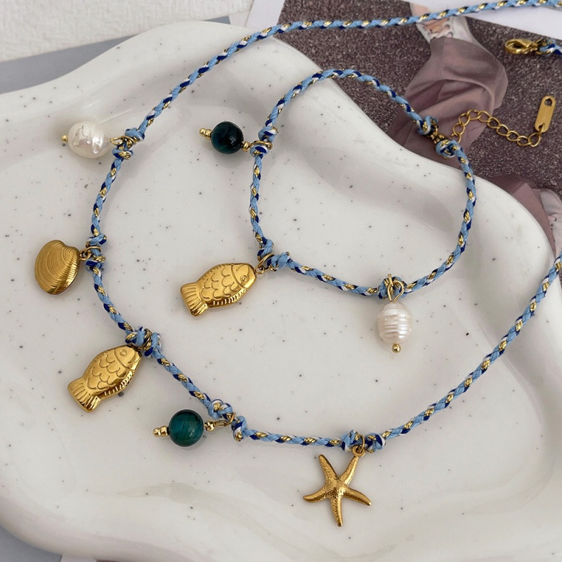 Color 1 Titanium Steel Small Fish Shell Natural Stone Braided Freshwater Pearl Necklace