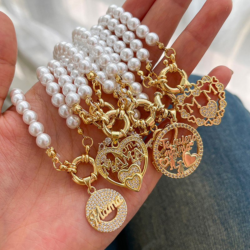 Gold 6 Copper Inlaid Zircon Mother's Day Series Ring Buckle Pearl Necklace