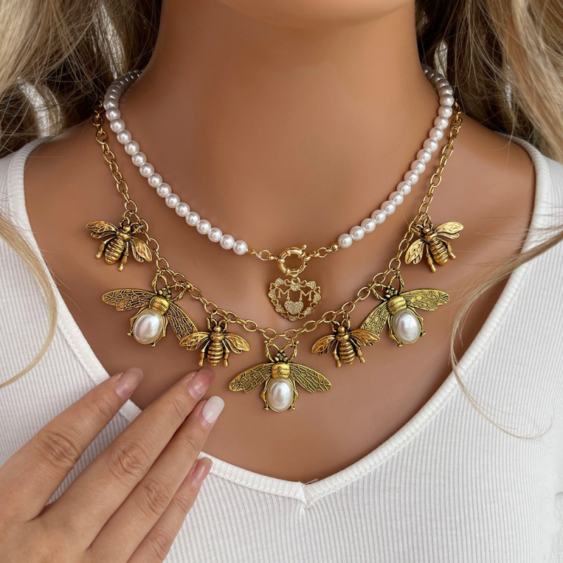 Gold Alloy Diamond Pearl Bee Necklace