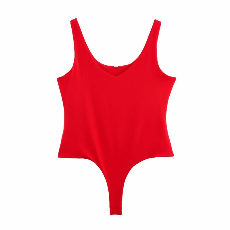 Red Polyester V-neck Jumpsuit