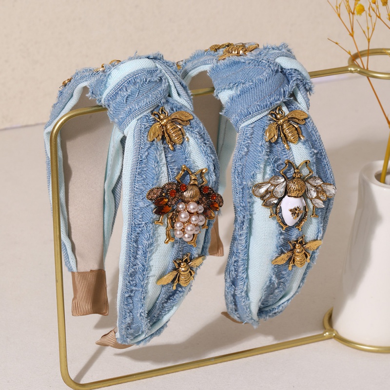 Blue 1 Alloy Diamond Bee Knotted Denim Headband