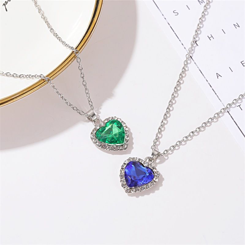 01 Royal Blue Alloy Diamond Heart Necklace