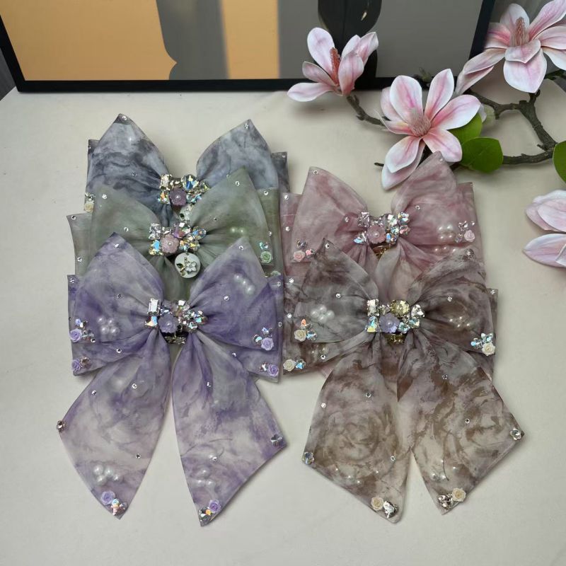 Light Brown Fabric Crystal Bow Hairpin