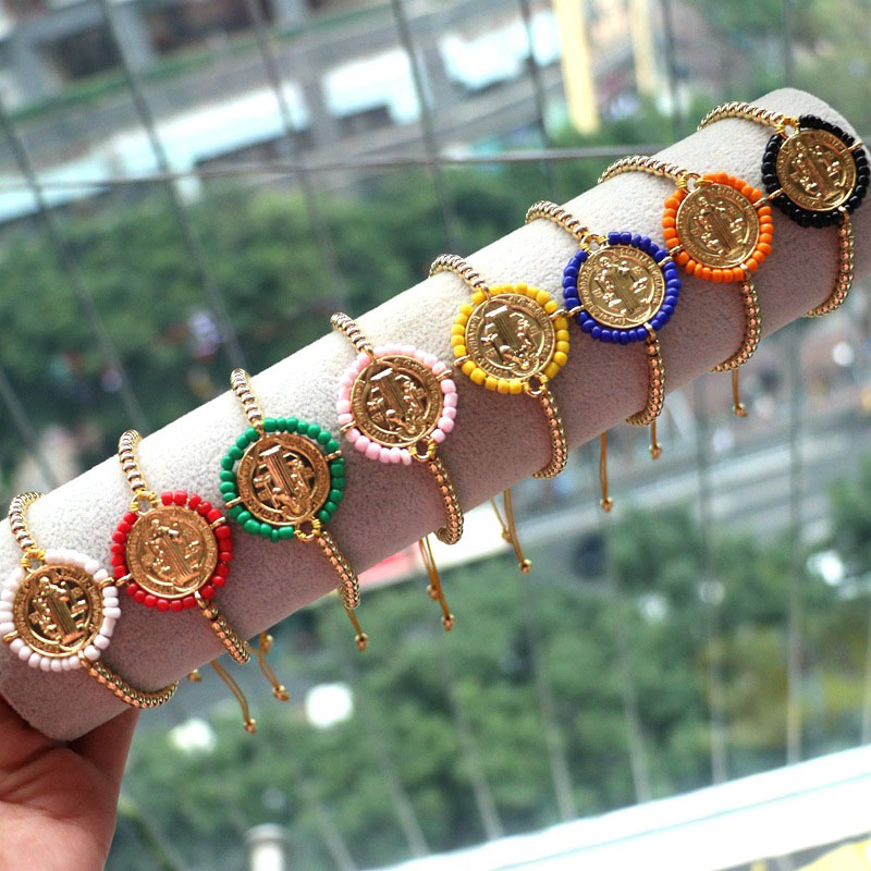 Pulsera De Cuentas De Cobre De La Virgen María Con Borde De Cuentas De Arroz