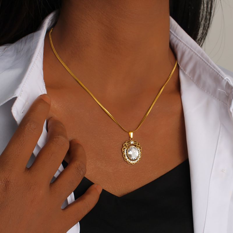 Gold Stainless Steel Diamond Oval Necklace