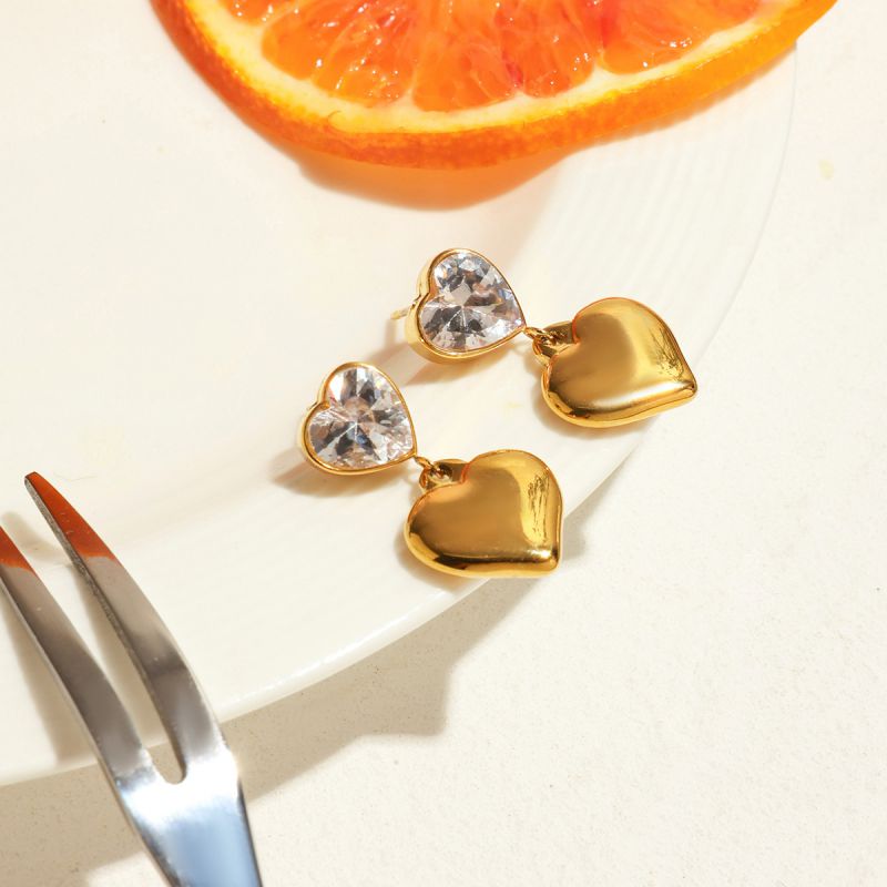Gold Stainless Steel Diamond Heart Earrings