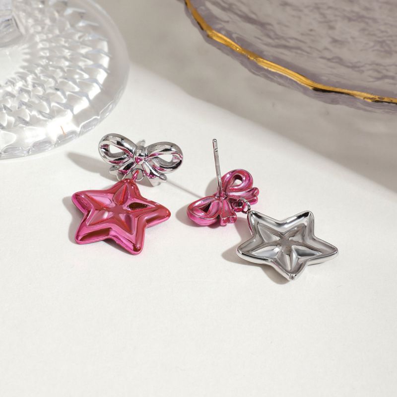 Silver Stainless Steel Bow Five-pointed Star Earrings