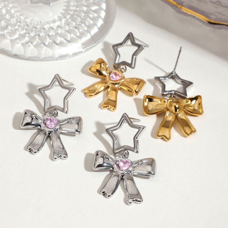 Gold And Silver Stainless Steel Diamond Heart Bow Five-pointed Star Earrings