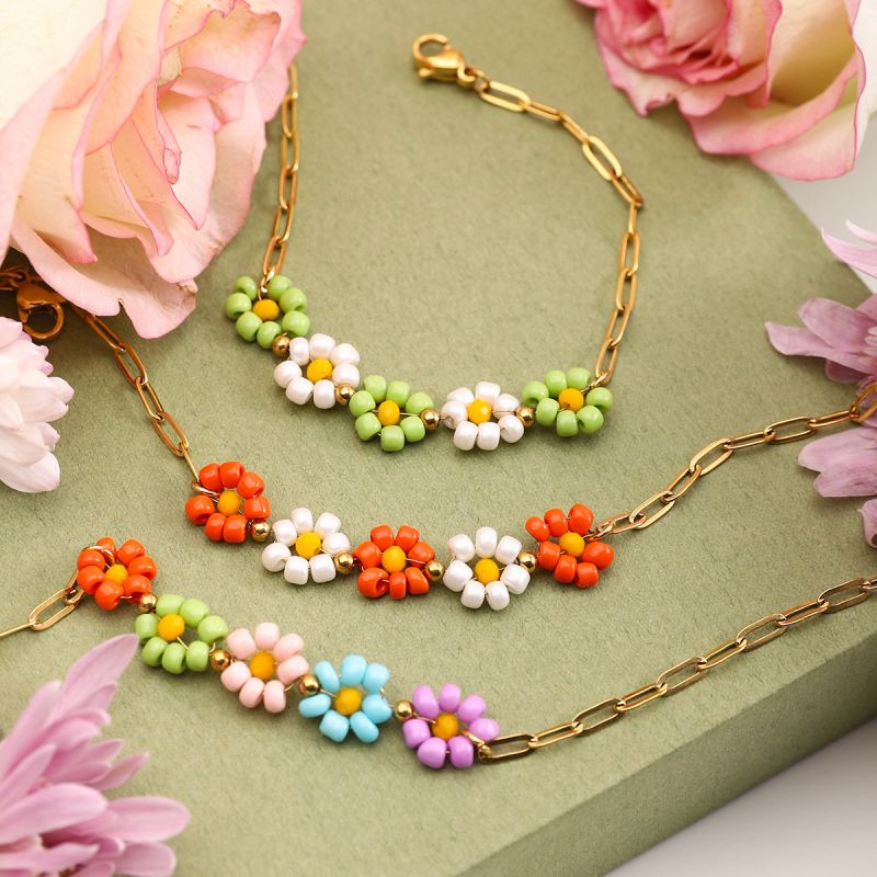 Orange Stainless Steel Flower Rice Bead Bracelet