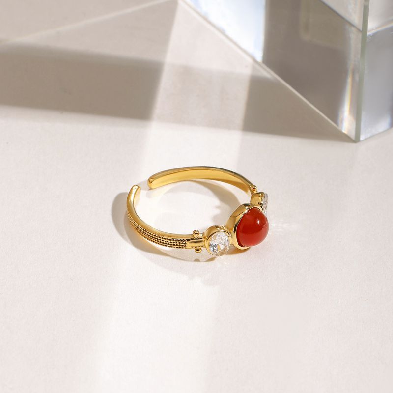 Gold Stainless Steel Round Agate Ring