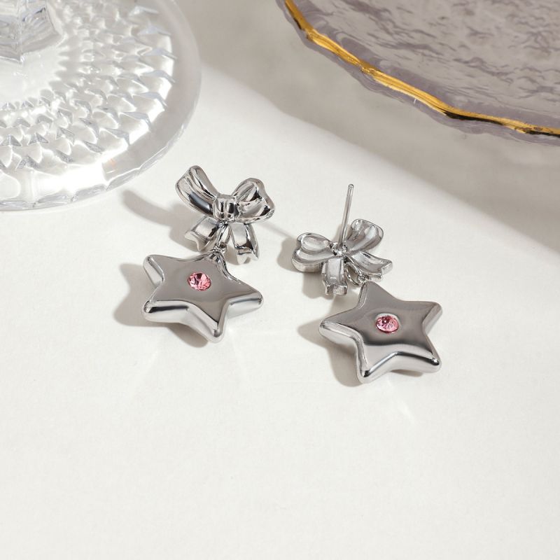 Silver Stainless Steel Diamond Five-pointed Star Bow Earrings
