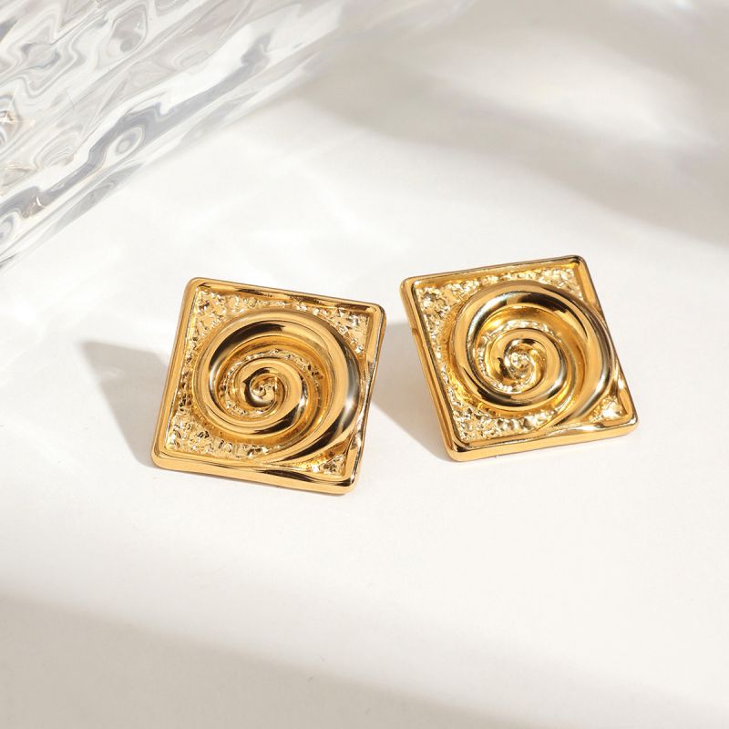 Gold Stainless Steel Square Hammered Spiral Earrings
