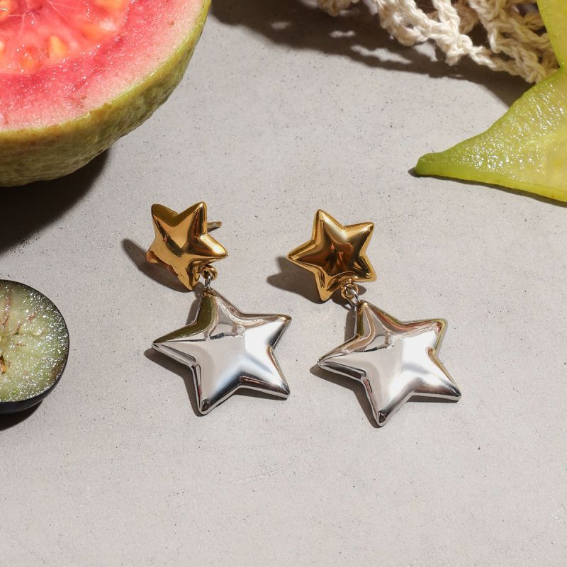 Gold And Silver Stainless Steel Color Matching Star Earrings