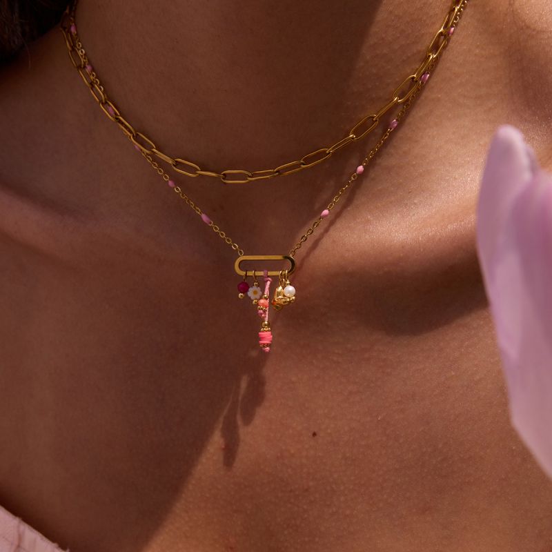 Gold Stainless Steel Oil Drop Crystal Clip Bead Necklace