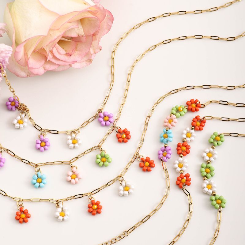 Color Stainless Steel Flower Rice Bead Necklace