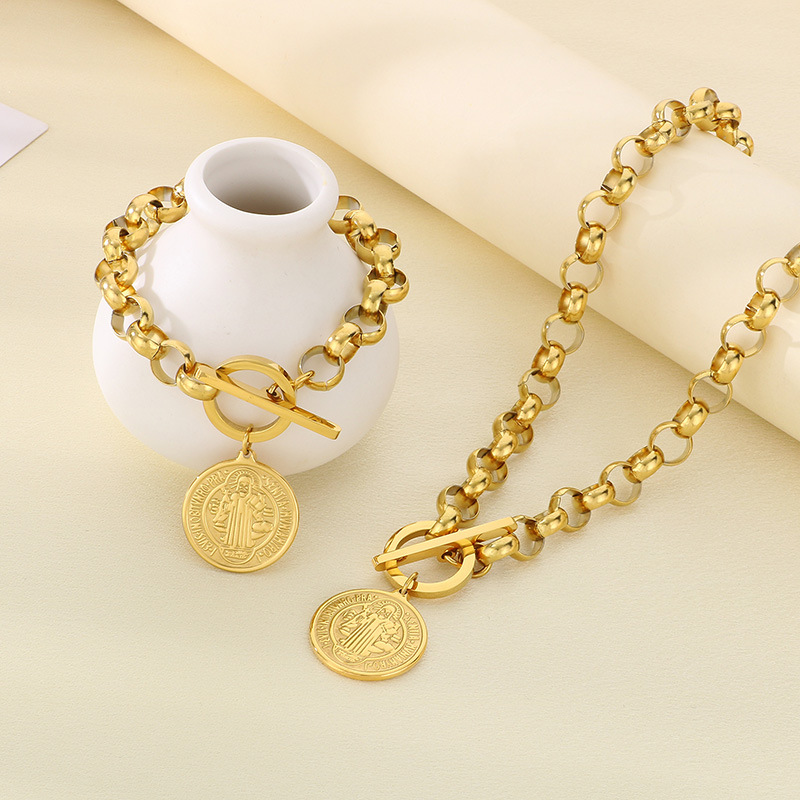 Conjunto De Collar Y Pulsera Con Hebilla Ot Y Cadena De Cuentas Redondas Con Retrato De Acero Inoxidable