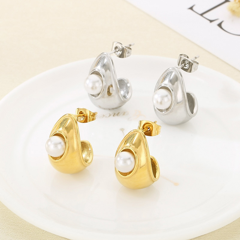 Gold Stainless Steel Pearl Earrings
