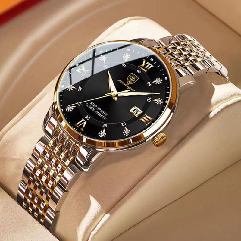 Rose Gold Black Steel Band Stainless Steel Round Dial Men's Watch