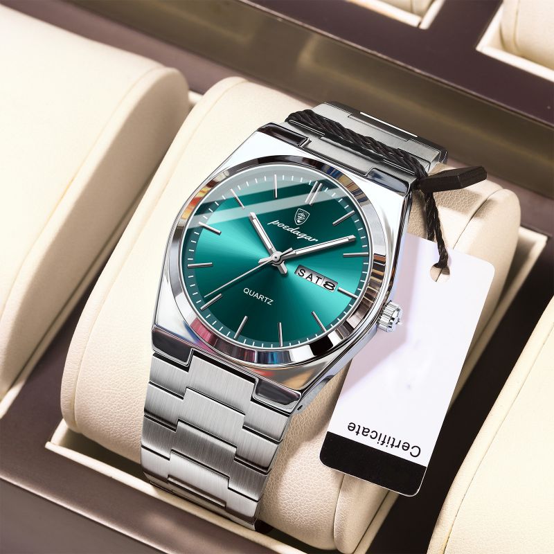 Silver Case With Blue Face And Steel Band Stainless Steel Round Dial Men's Watch