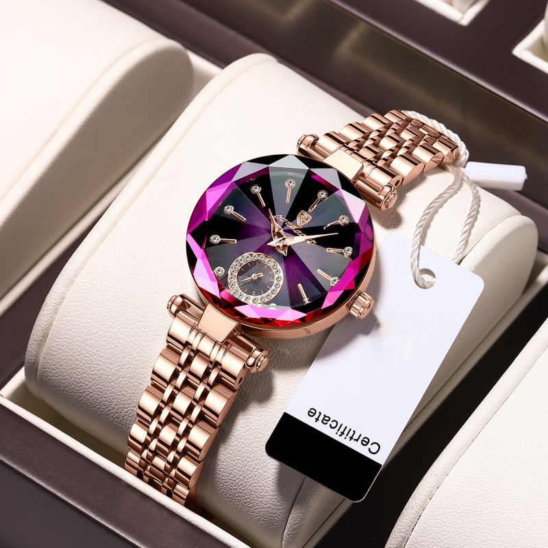 Rose Gold Purple Steel Band Stainless Steel Round Dial Watch