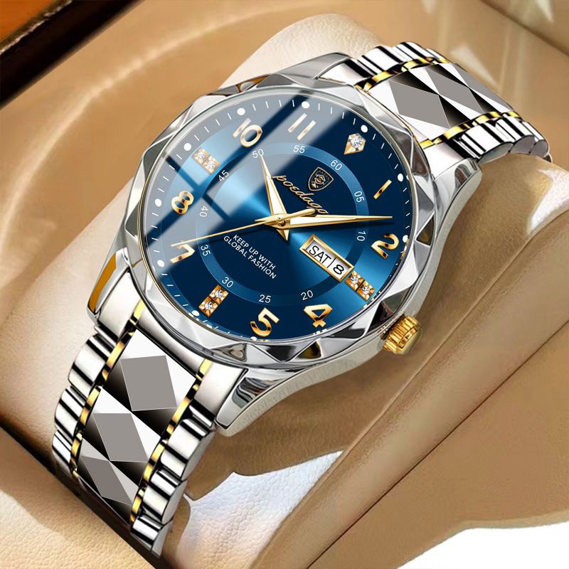Silver Case With Blue Face And Steel Band Stainless Steel Round Dial Men's Watch