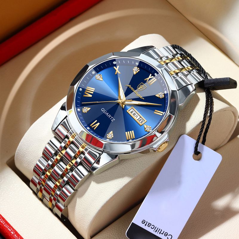 Gold And Blue Steel Band Stainless Steel Round Dial Men's Watch