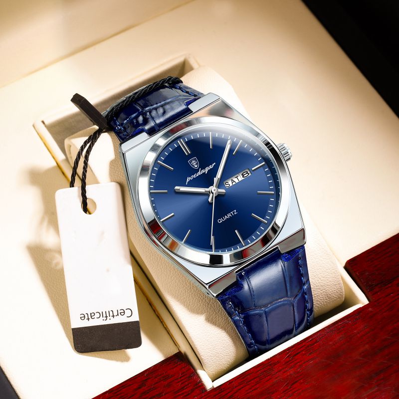 Silver Shell Blue Leather Belt Stainless Steel Round Dial Men's Watch